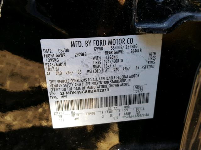 2FMDK49C88BA92819 - 2008 FORD EDGE LIMIT BLACK photo 10