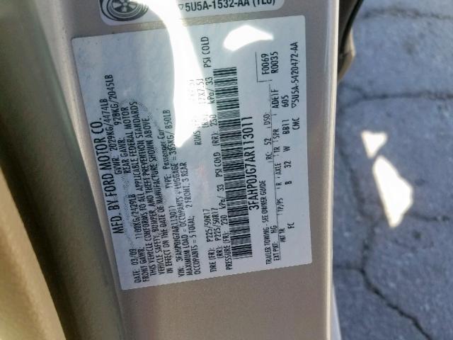 3FAHP0JG7AR113011 - 2010 FORD FUSION SEL TAN photo 10