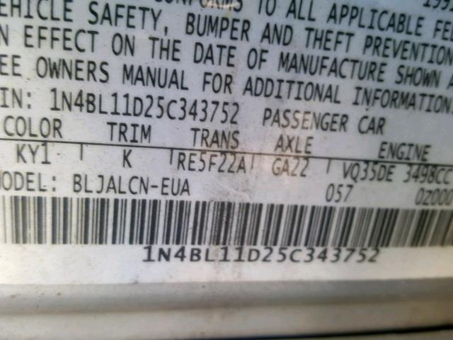 1N4BL11D25C343752 - 2005 NISSAN ALTIMA SE SILVER photo 10