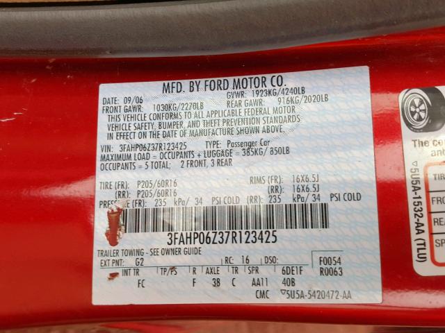 3FAHP06Z37R123425 - 2007 FORD FUSION S RED photo 10