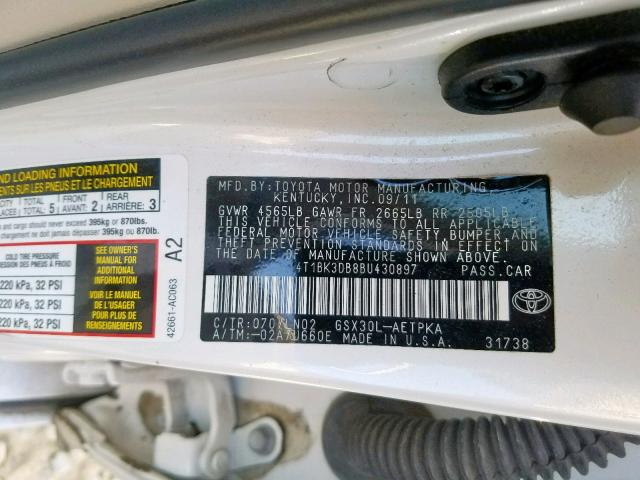 4T1BK3DB8BU430897 - 2011 TOYOTA AVALON BAS WHITE photo 10