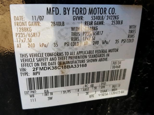 2FMDK38C18BA33168 - 2008 FORD EDGE SEL BLACK photo 10