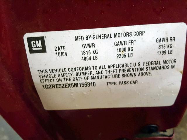 1G2NE52EX5M156810 - 2005 PONTIAC GRAND AM S MAROON photo 10