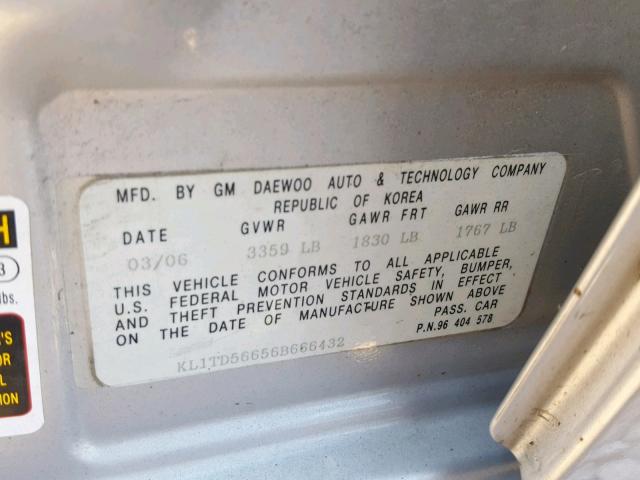 KL1TD56656B666432 - 2006 CHEVROLET AVEO BASE ვერცხლისფერი ფოტო 10