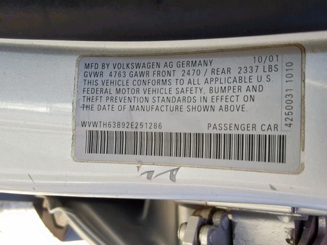 WVWTH63B92E251286 - 2002 VOLKSWAGEN PASSAT GLX SILVER photo 10