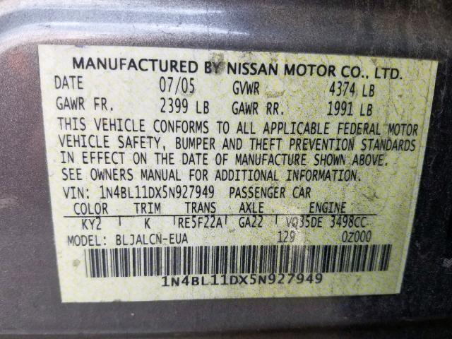 1N4BL11DX5N927949 - 2005 NISSAN ALTIMA SE BEIGE photo 10