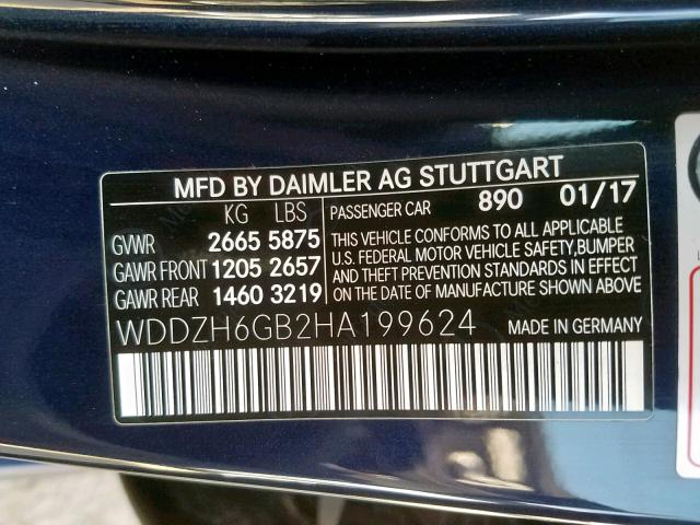 WDDZH6GB2HA199624 - 2017 MERCEDES-BENZ E 400 4MAT BLUE photo 10