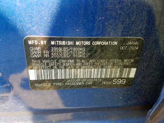 JA32U2FU6FU007473 - 2015 MITSUBISHI LANCER ES BLUE photo 10