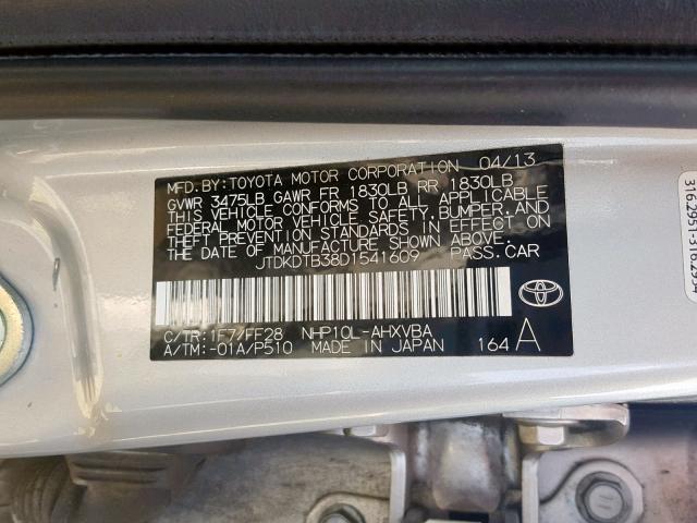 JTDKDTB38D1541609 - 2013 TOYOTA PRIUS C SILVER photo 10