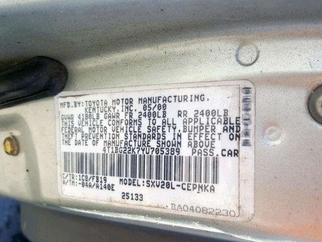 4T1BG22K7YU705389 - 2000 TOYOTA CAMRY CE TAN photo 10