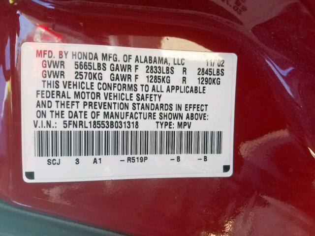 5FNRL18553B031318 - 2003 HONDA ODYSSEY LX RED photo 10