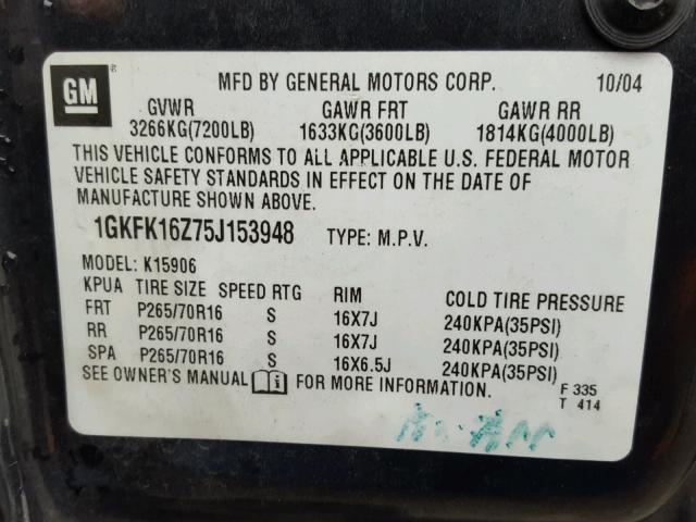 1GKFK16Z75J153948 - 2005 GMC YUKON XL K BLACK photo 10