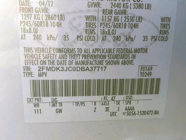 2FMDK3JC0DBA37717 - 2013 FORD EDGE SEL WHITE photo 10