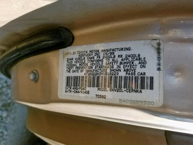 4T1BG22K0XU916223 - 1999 TOYOTA CAMRY CE TAN photo 10