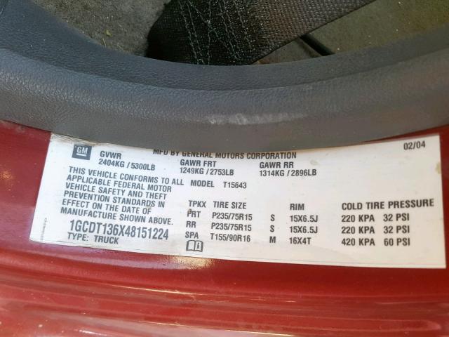 1GCDT136X48151224 - 2004 CHEVROLET COLORADO RED photo 10