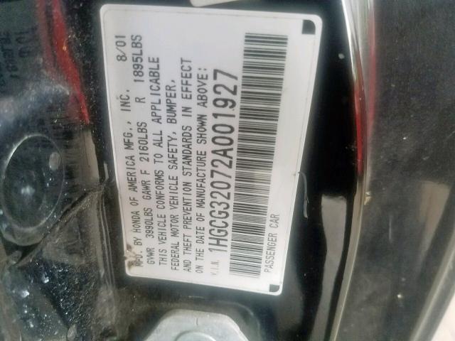 1HGCG32072A001927 - 2002 HONDA ACCORD SE BLACK photo 10