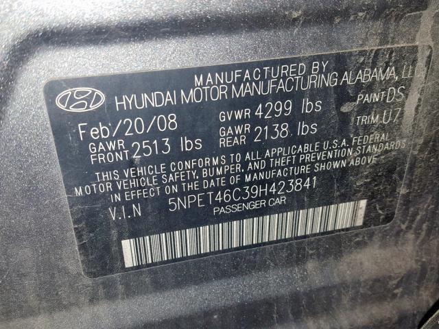 5NPET46C39H423841 - 2009 HYUNDAI SONATA GLS GRAY photo 10