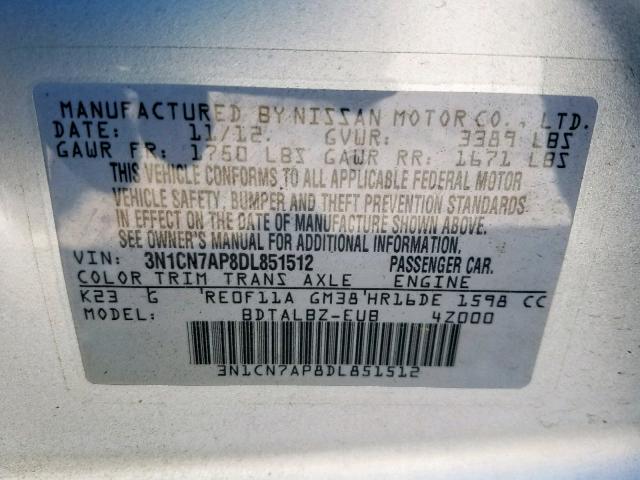 3N1CN7AP8DL851512 - 2013 NISSAN VERSA S SILVER photo 10