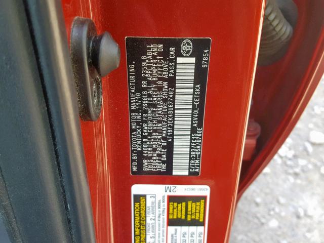 4T1BF3EK4BU677482 - 2011 TOYOTA CAMRY BASE RED photo 10