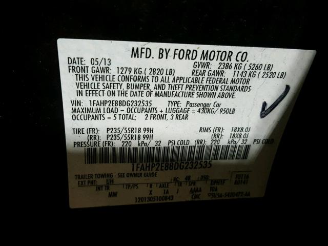 1FAHP2E88DG232535 - 2013 FORD TAURUS SEL BLACK photo 10