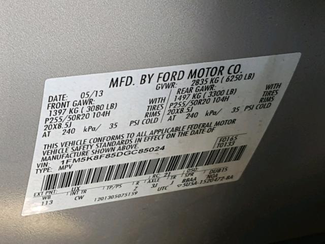 1FM5K8F85DGC85024 - 2013 FORD EXPLORER L SILVER photo 10