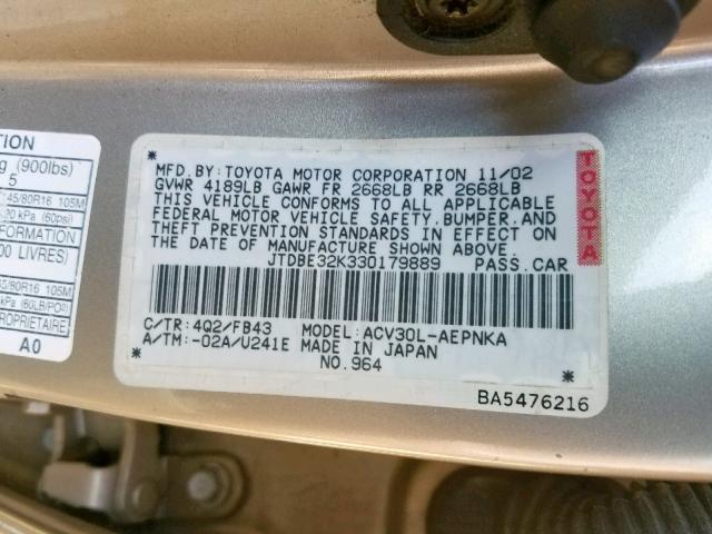 JTDBE32K330179889 - 2003 TOYOTA CAMRY LE GOLD photo 10