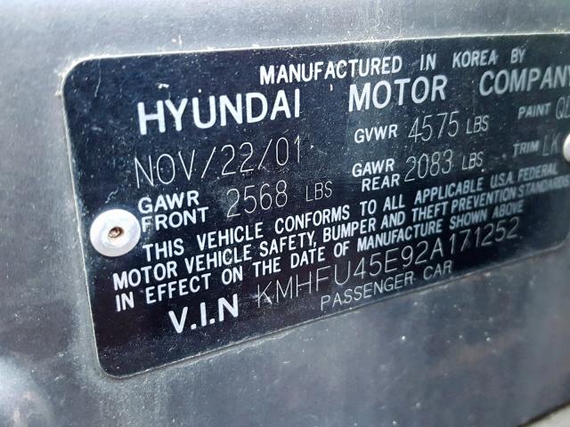 KMHFU45E92A171252 - 2002 HYUNDAI XG 350 GRAY photo 10