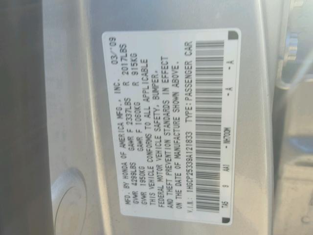 1HGCP25339A121833 - 2009 HONDA ACCORD LX SILVER photo 10