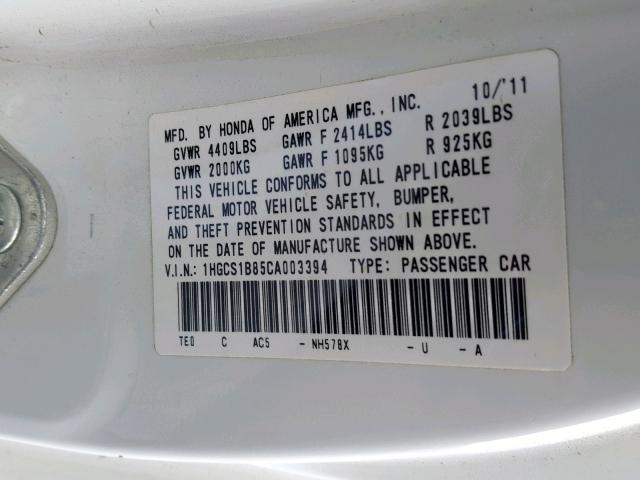 1HGCS1B85CA003394 - 2012 HONDA ACCORD EXL WHITE photo 10