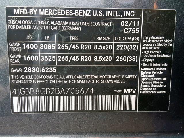 4JGBB8GB2BA705674 - 2011 MERCEDES-BENZ ML 350 4MA BLACK photo 10