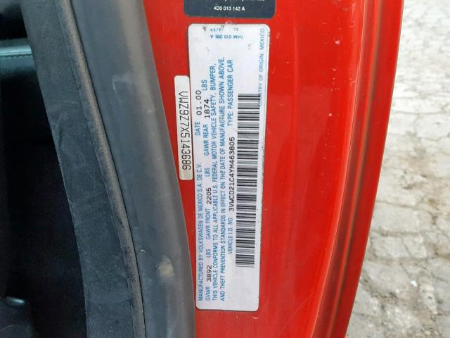 3VWCD21C4YM463805 - 2000 VOLKSWAGEN NEW BEETLE წითელი ფოტო 10