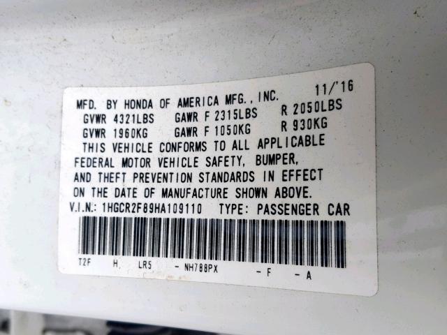 1HGCR2F89HA109110 - 2017 HONDA ACCORD EXL WHITE photo 10