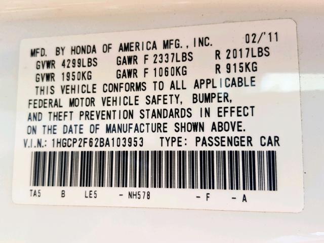 1HGCP2F62BA103953 - 2011 HONDA ACCORD WHITE photo 10