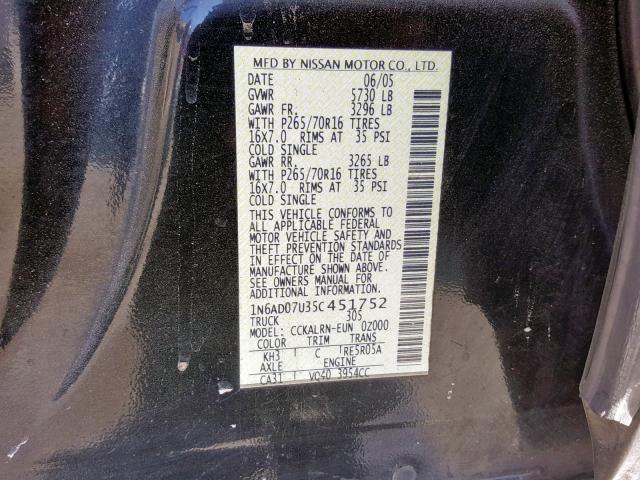 1N6AD07U35C451752 - 2005 NISSAN FRONTIER C BLACK photo 10