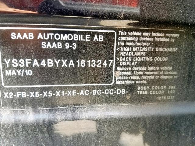 YS3FA4BYXA1613247 - 2010 SAAB 9-3 2.0T BLACK photo 10