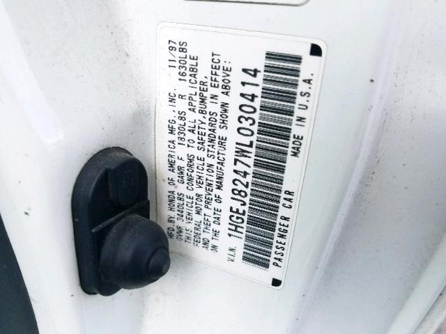 1HGEJ8247WL030414 - 1998 HONDA CIVIC EX WHITE photo 10