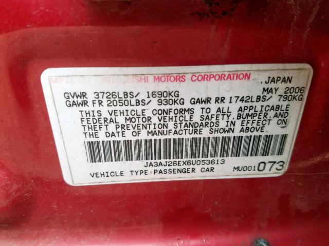 JA3AJ26EX6U053613 - 2006 MITSUBISHI LANCER ES RED photo 10