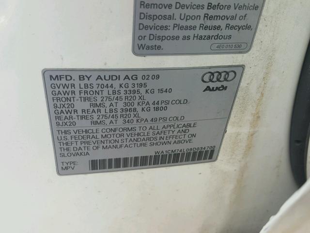 WA1CM74L09D034700 - 2009 AUDI Q7 TDI S-L WHITE photo 10