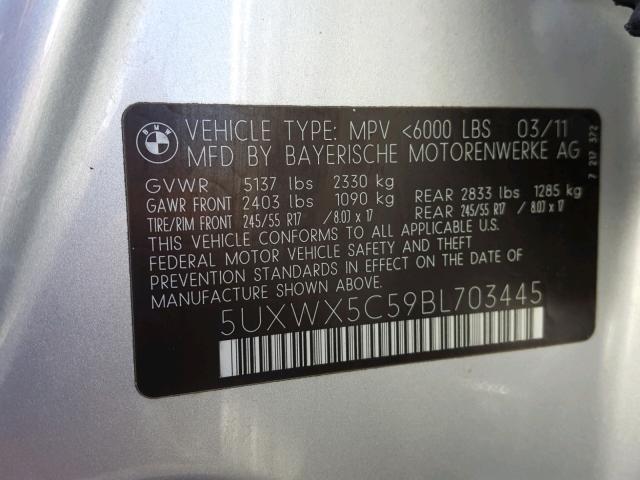 5UXWX5C59BL703445 - 2011 BMW X3 XDRIVE2 SILVER photo 10