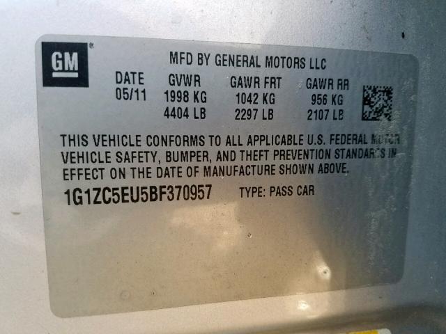 1G1ZC5EU5BF370957 - 2011 CHEVROLET MALIBU 1LT 银色 照片 10