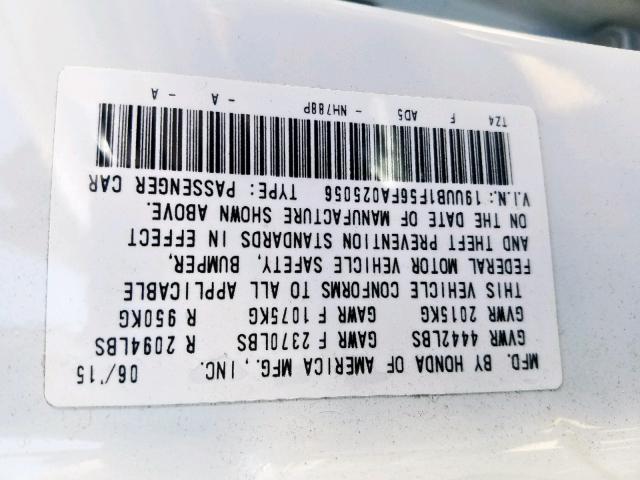 19UUB1F56FA025056 - 2015 ACURA TLX TECH WHITE photo 10