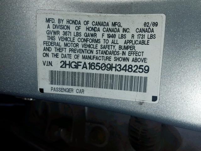 2HGFA16509H348259 - 2009 HONDA CIVIC LX SILVER photo 10