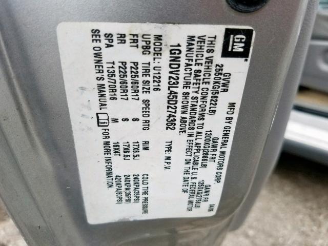 1GNDV23L45D274362 - 2005 CHEVROLET UPLANDER L SILVER photo 10