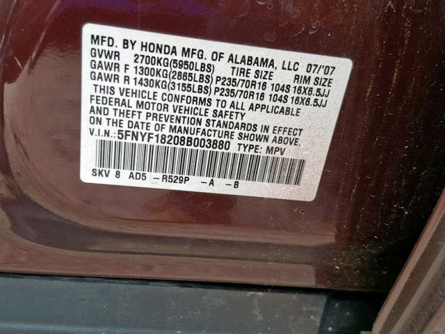 5FNYF18208B003880 - 2008 HONDA PILOT VP BURGUNDY photo 10