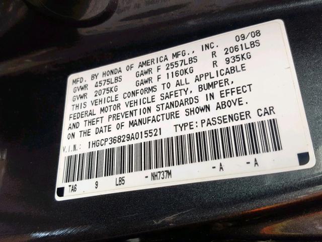 1HGCP36829A015521 - 2009 HONDA ACCORD EXL GRAY photo 10