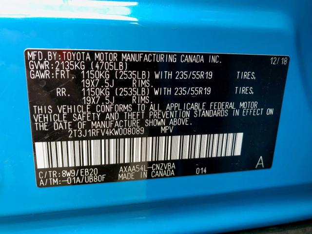 2T3J1RFV4KW008089 - 2019 TOYOTA RAV4 ADVEN BLUE photo 10