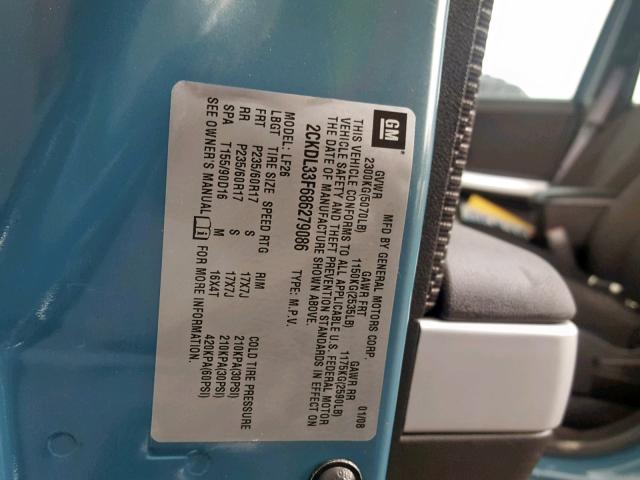 2CKDL33F686279086 - 2008 PONTIAC TORRENT BLUE photo 10