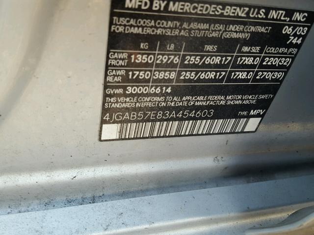 4JGAB57E83A454603 - 2003 MERCEDES-BENZ ML 350 SILVER photo 10