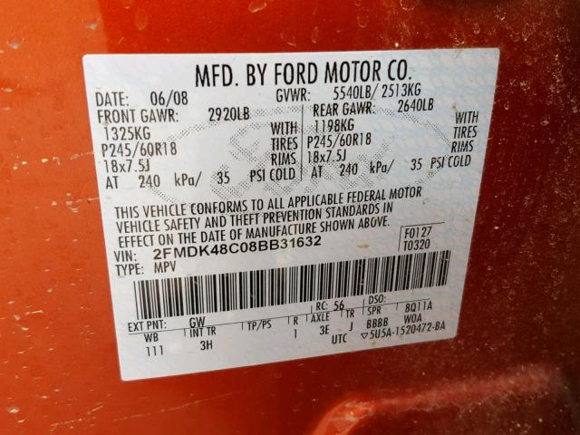 2FMDK48C08BB31632 - 2008 FORD EDGE SEL ORANGE photo 10