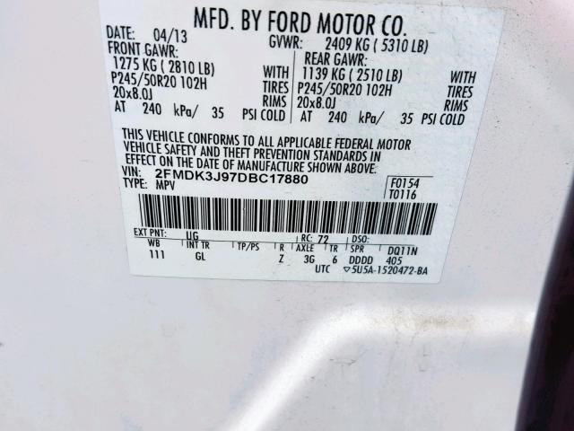 2FMDK3J97DBC17880 - 2013 FORD EDGE SEL WHITE photo 10